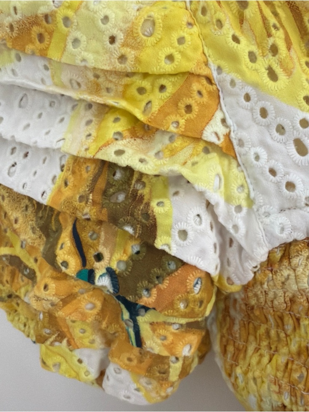 FARM RIO Azalea Yellow Floral Top XS Eyelet Smocked Puff Sleeve Tiered - Picture 5 of 9
